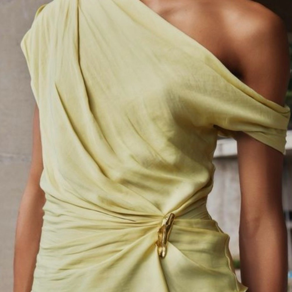 New Zara -one shoulder light green draped top with gold embellishment